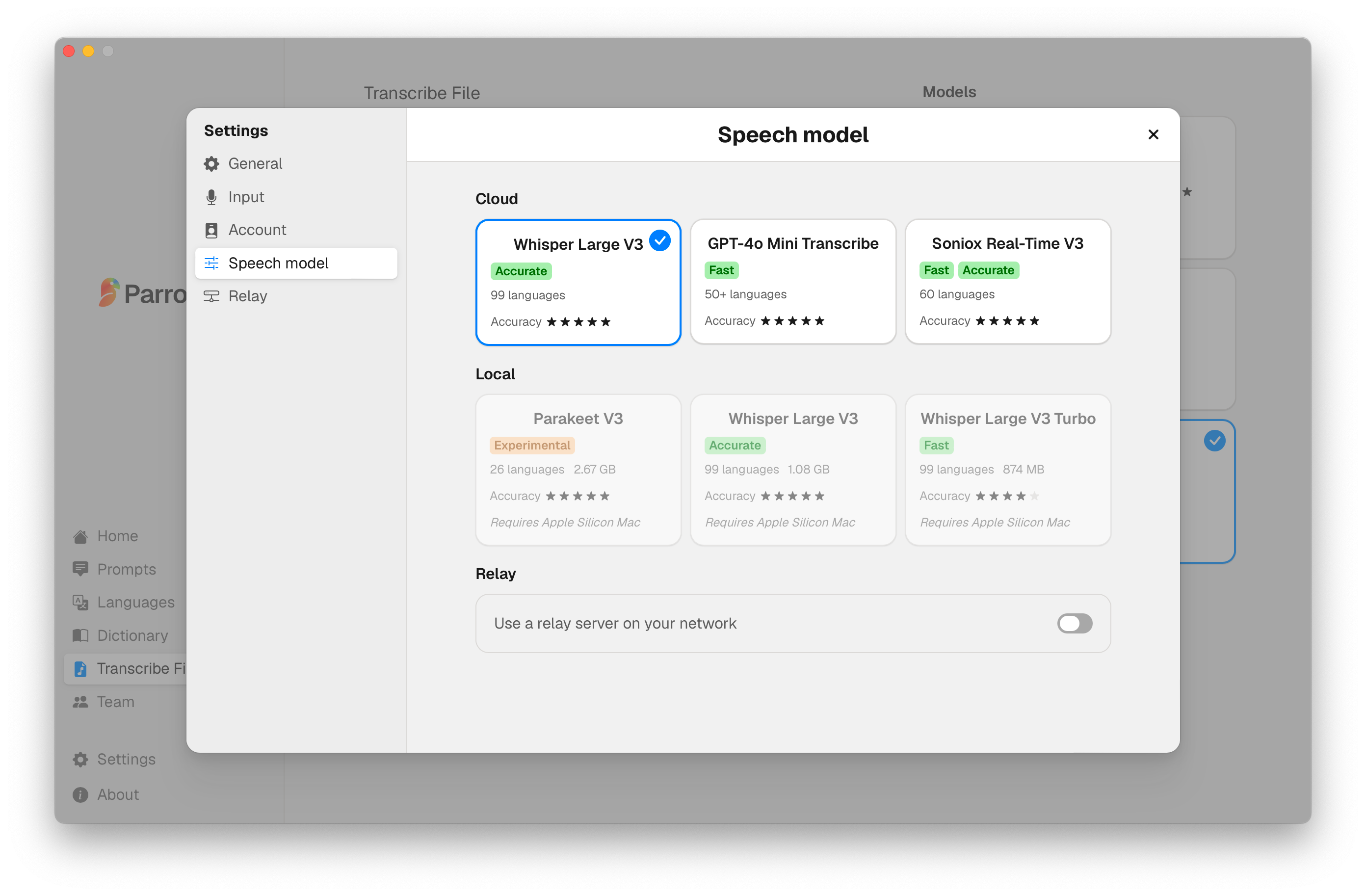 The ParrotKey provider selection screen showing the choice of AI model