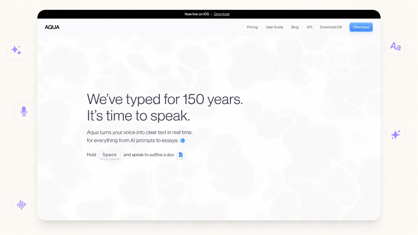 Aqua Voice dictation software banner showing technical voice dictation for macOS and Windows