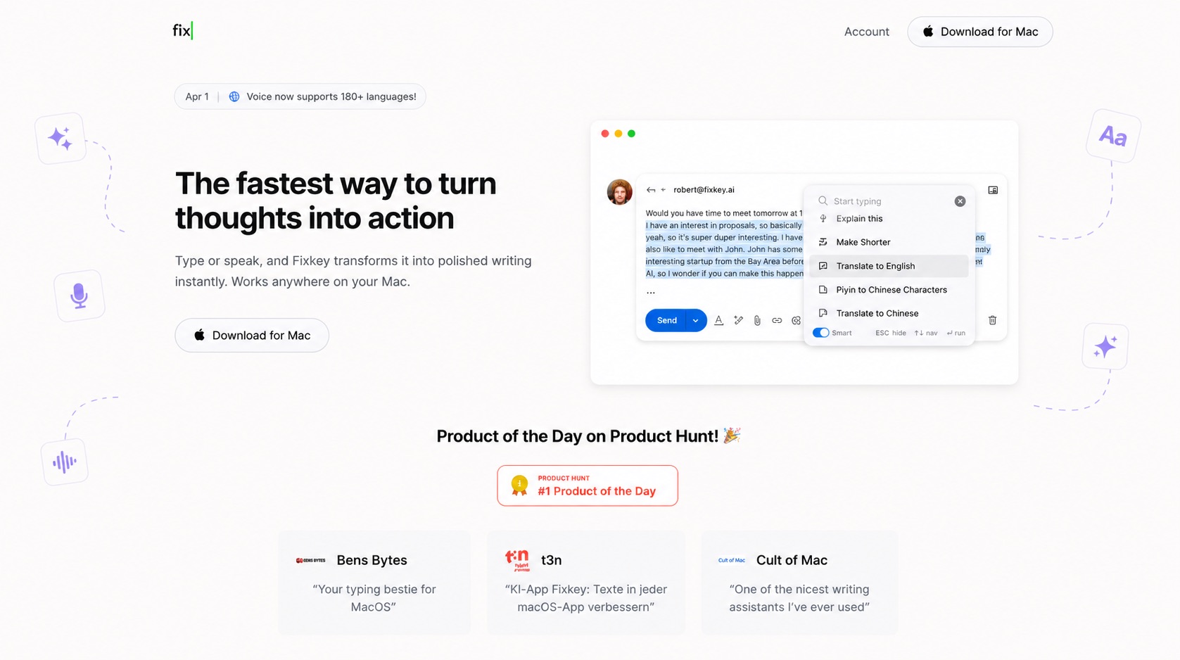 Fixkey dictation software banner showing AI writing assistant with translation for macOS