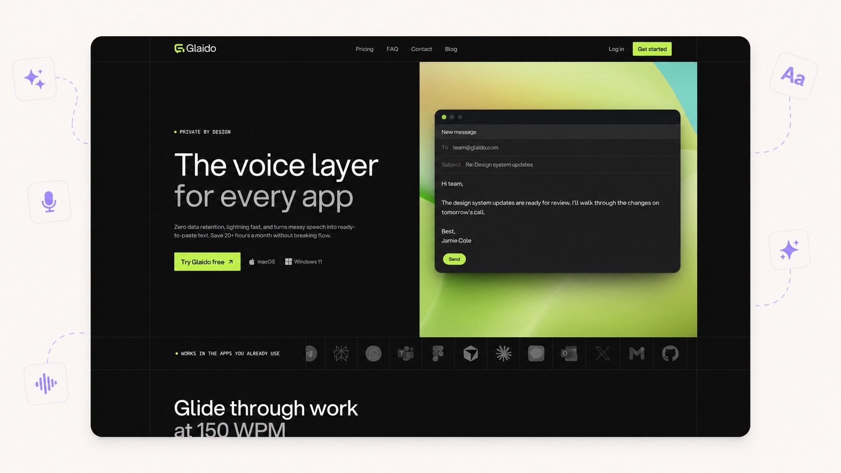 Glaido dictation software banner showing context-aware voice dictation for macOS
