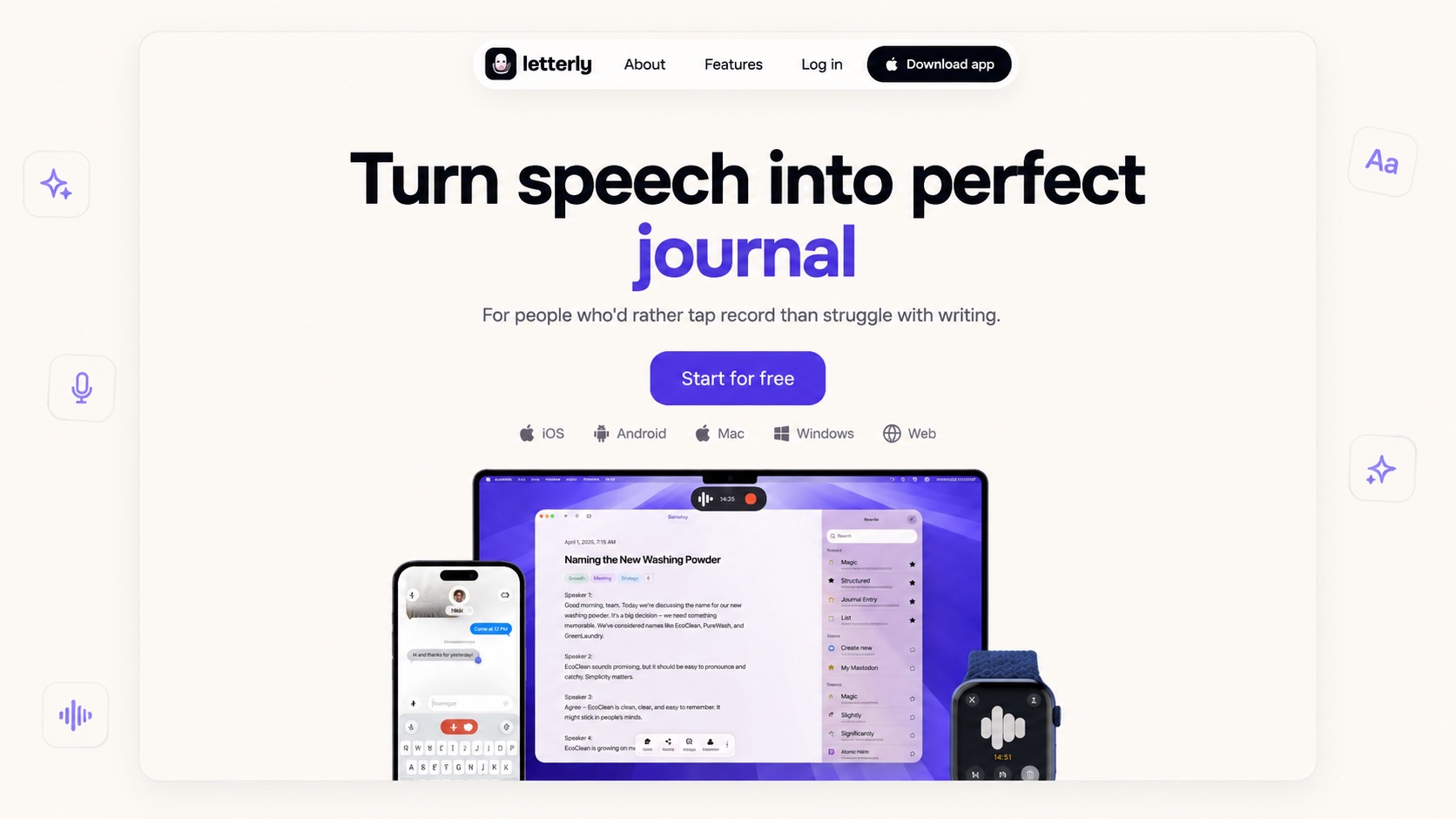 Letterly dictation software banner showing voice dictation, note taking and meeting transcription across desktop, mobile and web