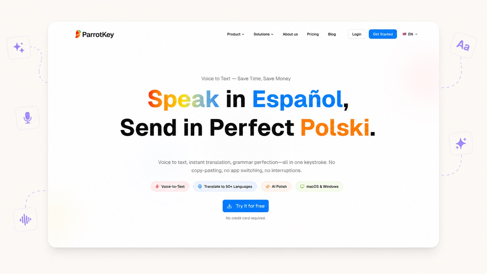 ParrotKey dictation software banner showing voice dictation, two-way translation and grammar correction for macOS and Windows