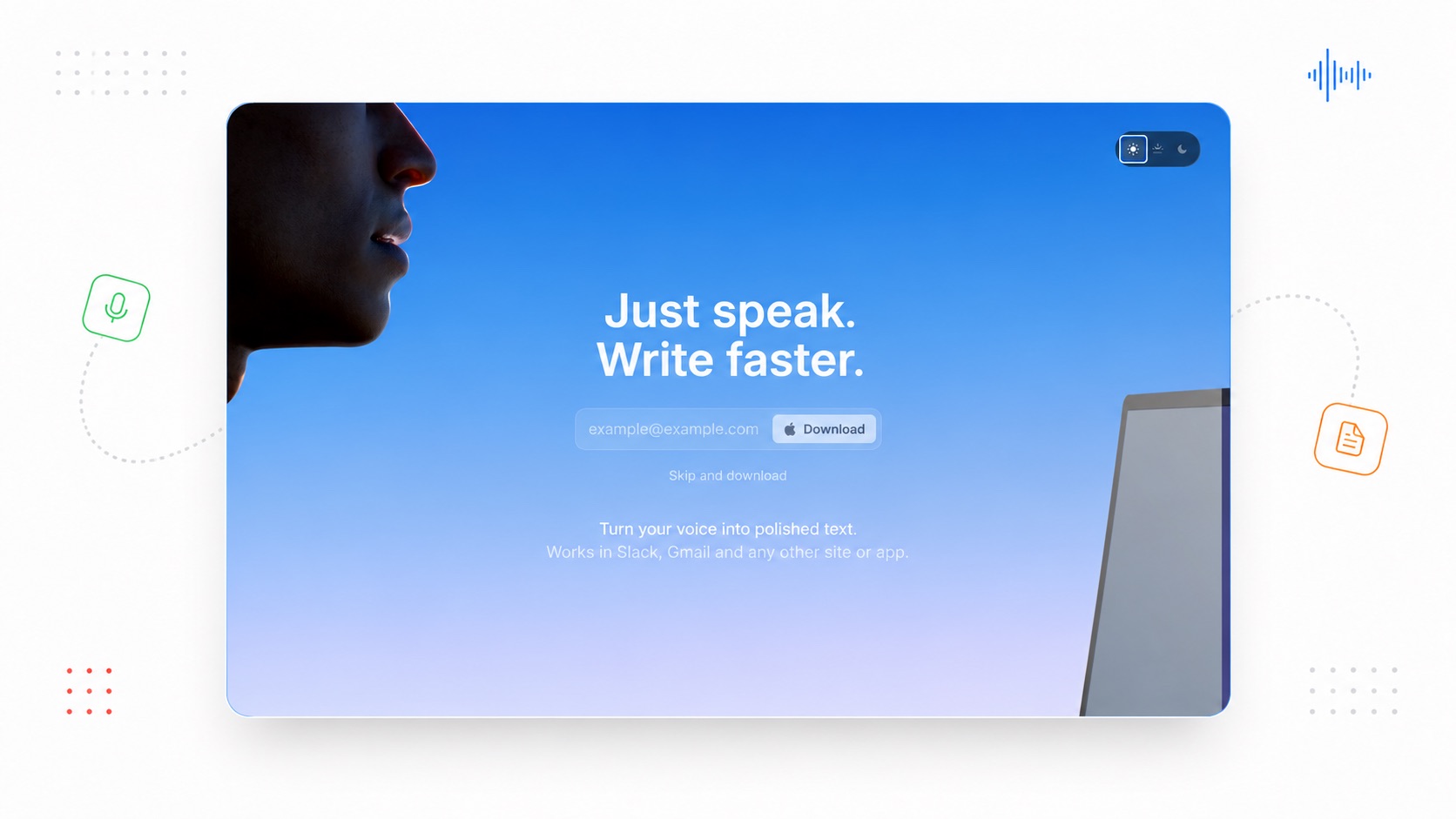 Superwhisper dictation software banner showing on-device AI dictation for macOS, Windows and iOS
