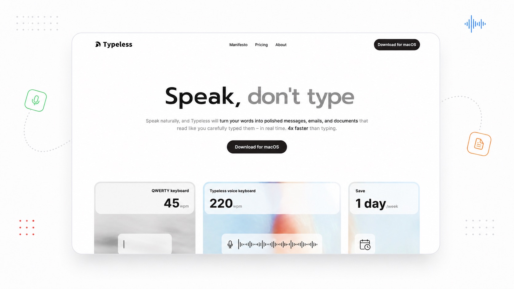 Typeless dictation software banner showing LLM-driven voice dictation across macOS, Windows, iOS and Android