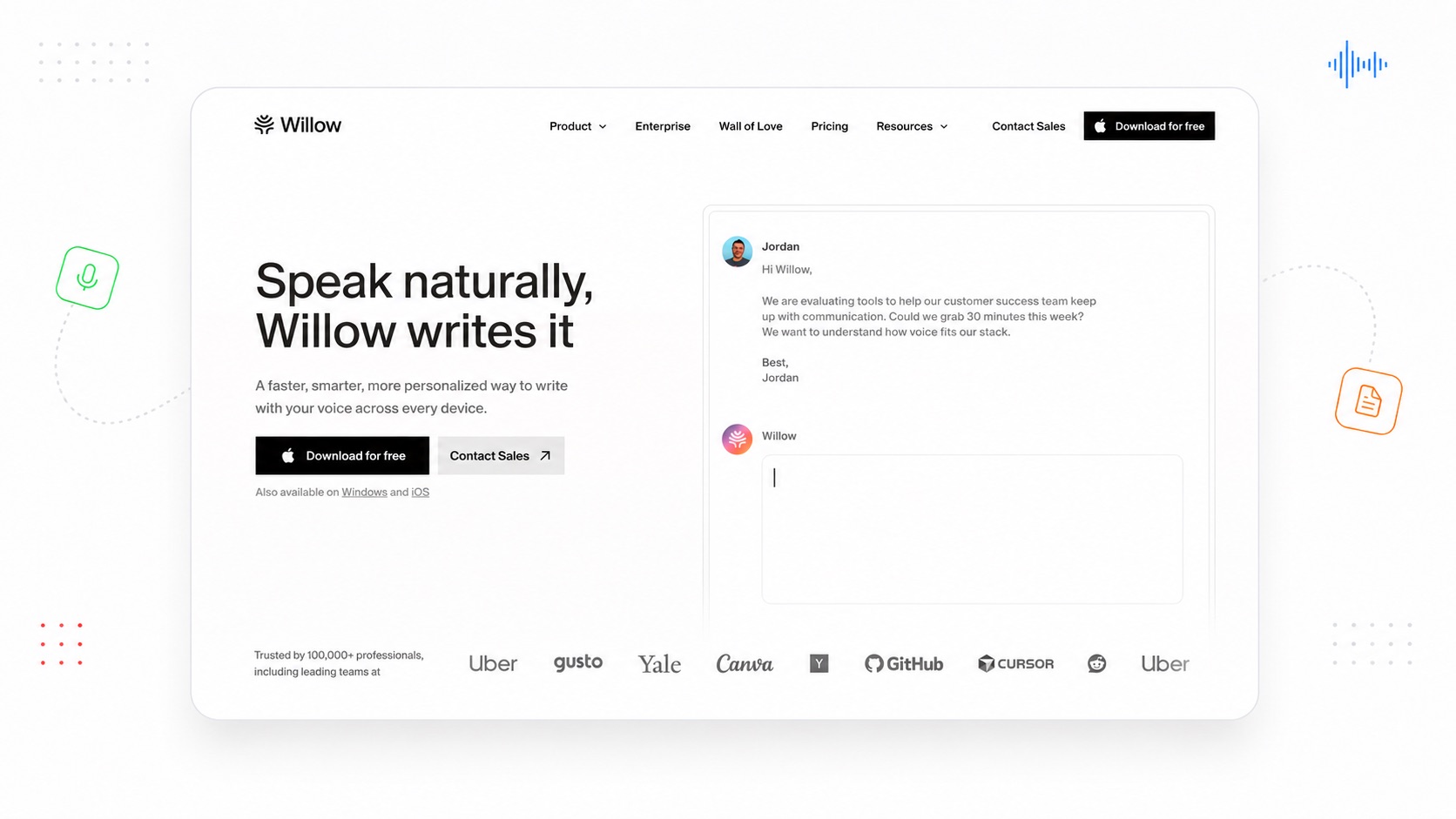Willow Voice dictation software banner showing AI dictation with writing style memory for macOS and iOS