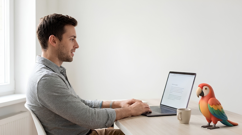 Person dictating text to their laptop using speech to text software at a modern desk