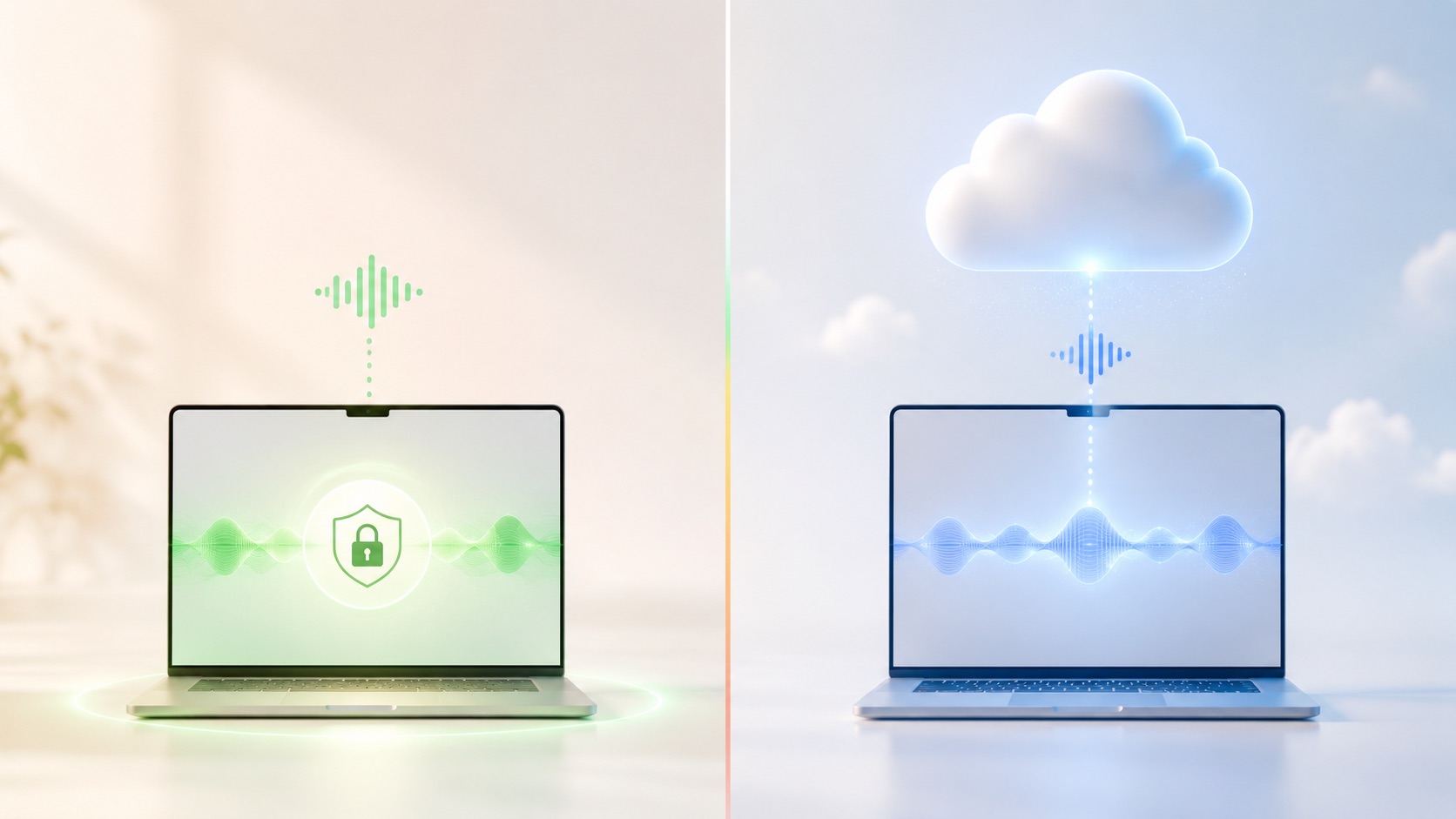 Comparison of on-device versus cloud speech recognition showing local privacy and cloud processing